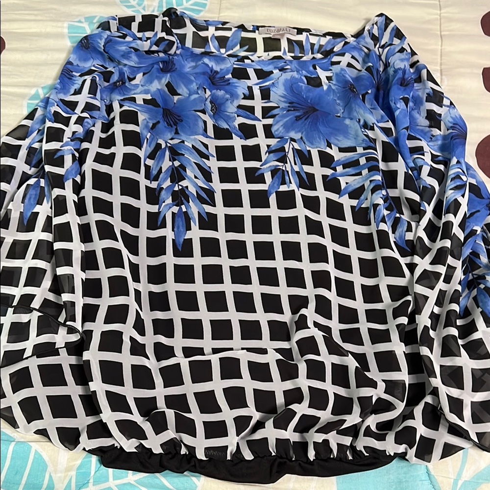 Blue Floral Grid Pattern Blouse